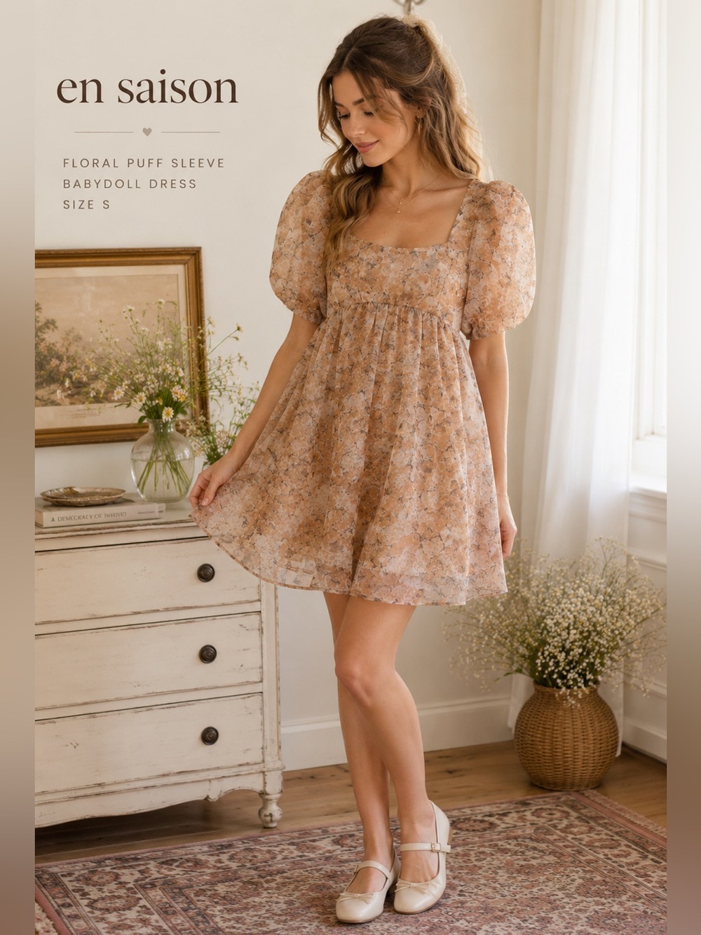 En Saison Romantic Floral Puff Sleeve Dress Cottagecore Prairie Size S fairycore